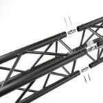 Wizualizacja produktowa konstrukcji scenicznej aluminiowej marki alustage, rzut na sworznie i piny kratownicy aluminiowej  w kolorze czarnym