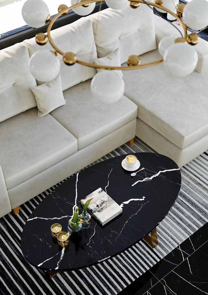 Projekt wizualizacji fotorealistycznej wnętrza salony wraz z sofą, kadr skierowany na stolik marki milohome na którym umieszczona jest kawa i książka