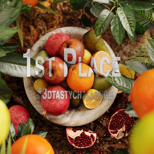 Wizualizacja produktowa na konkurs owoce w tropikalnym ujęciu umieszczone w półmisku, jabłko cytryna granat pomarańcz fotorealistyczna wizualizacja natury