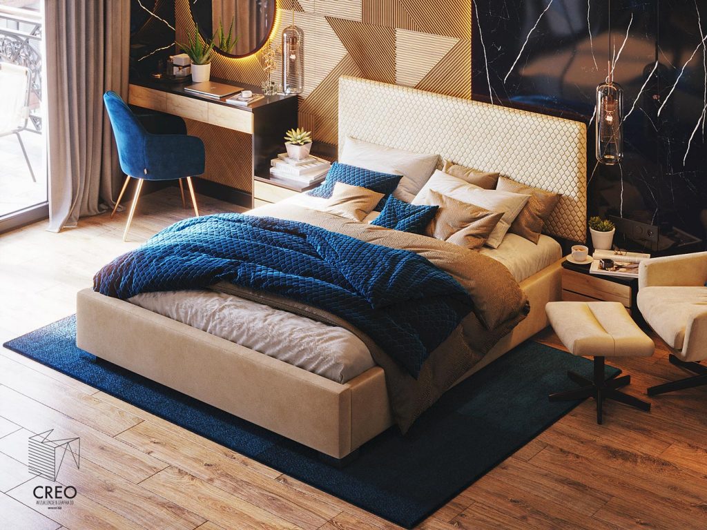 Projekt wizualizacji fotorealistycznej wnętrza sypialni w stylu nowoczesnym z użyciem materiałów drewna i kamienia w bardzo ciepłym akcencie