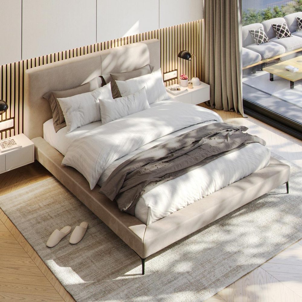 Fotorealistyczna wizualizacja sypialni z łóżkiem tapicerowanym w kolorze beige ujęcie górne