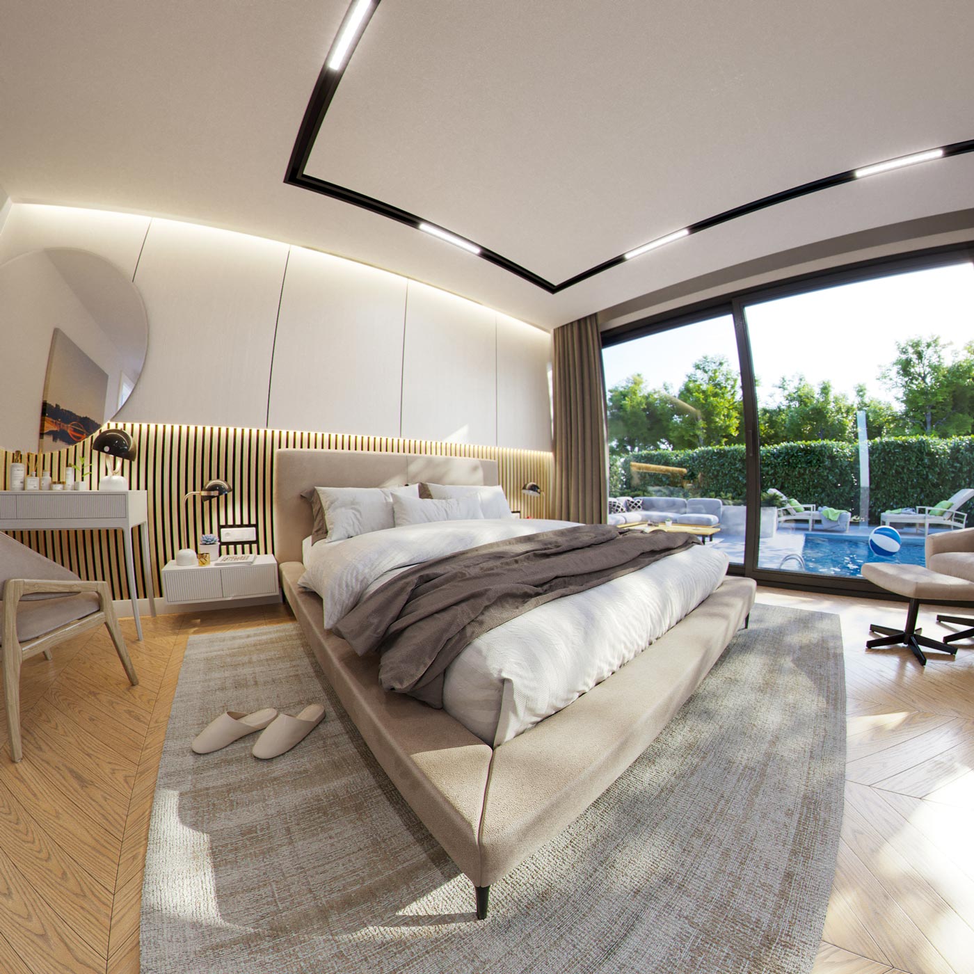 Fotorealistyczna wizualizacja sypialni z łóżkiem tapicerowanym w kolorze beige rybie oko dzień
