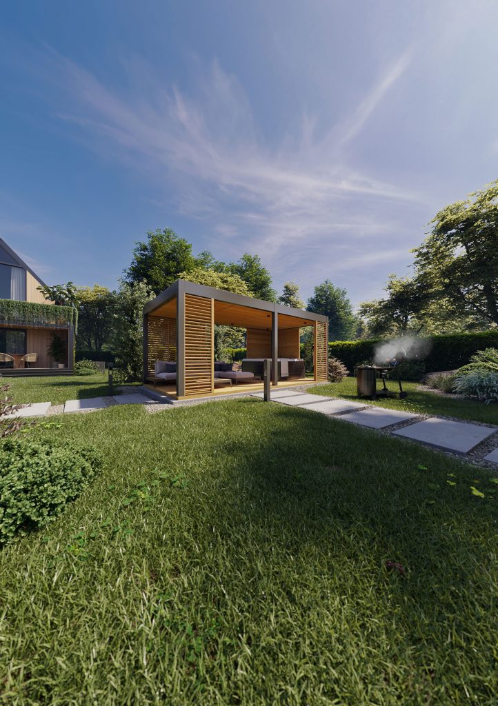 Wizualizacja produktowa altany ogrodowej firmy chrzan w zielonym ogrodzie