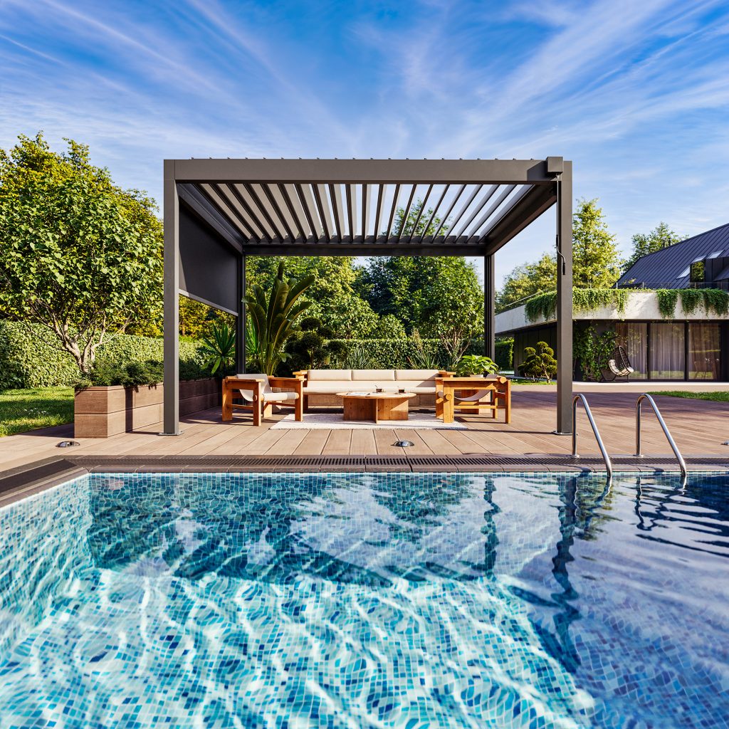 Wizualizacja produktu pergoli ogrodowej w pięknym otoczeniu basenu i zielonego terenu