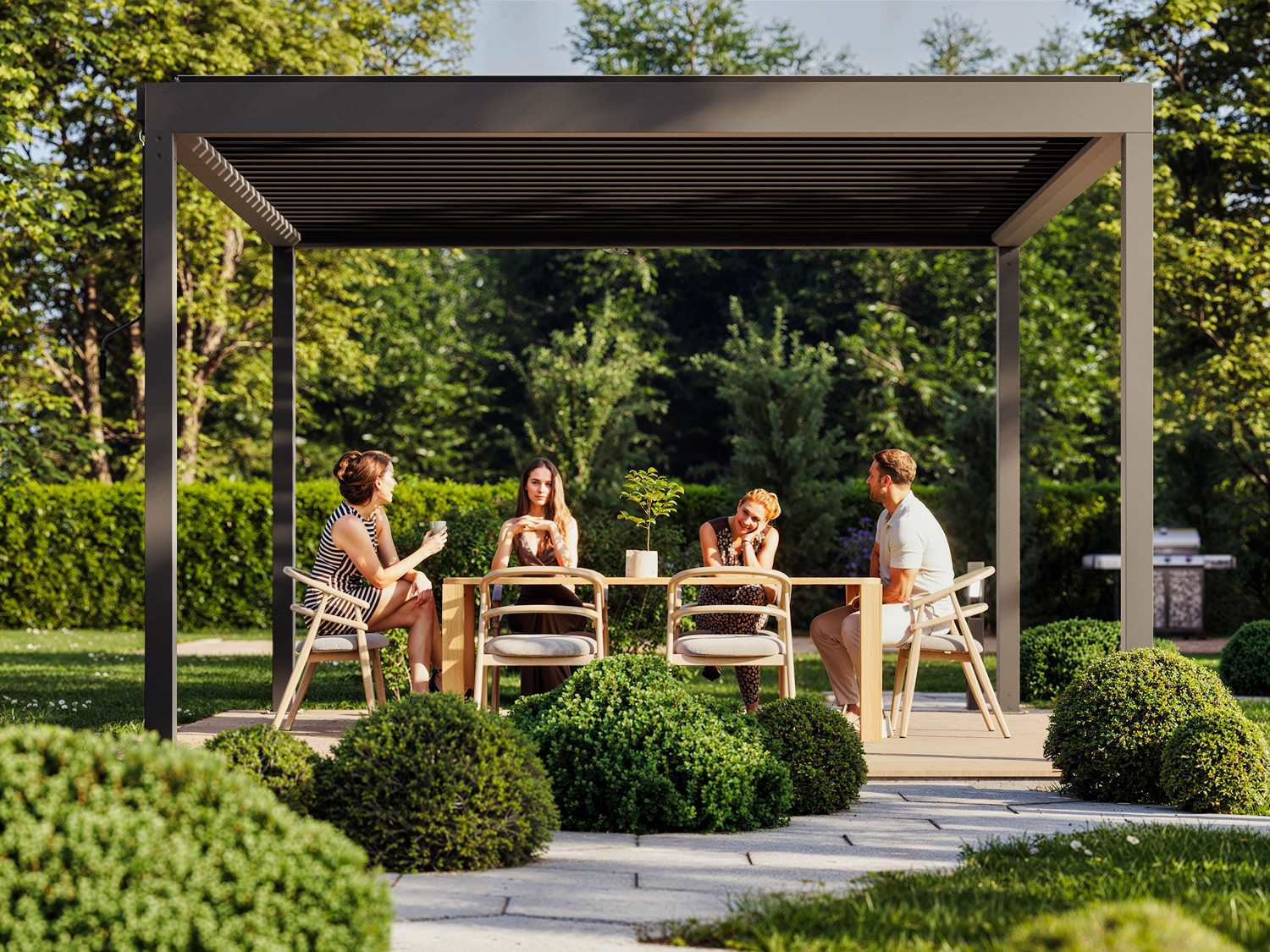 Wizualizacja 3d produktu pergoli ogrodowej w pięknym otoczeniu domu i zielonego terenu