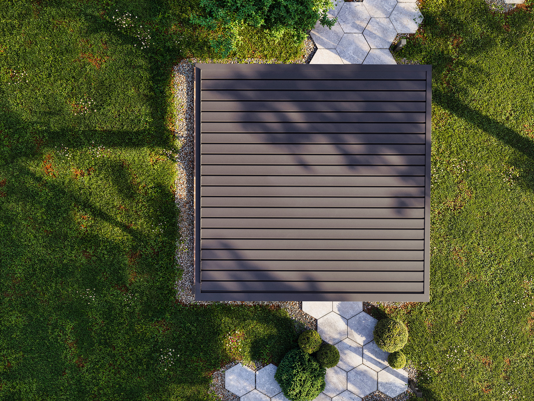 Wizualizacja 3d produktu pergoli ogrodowej w pięknym otoczeniu domu i zielonego terenu