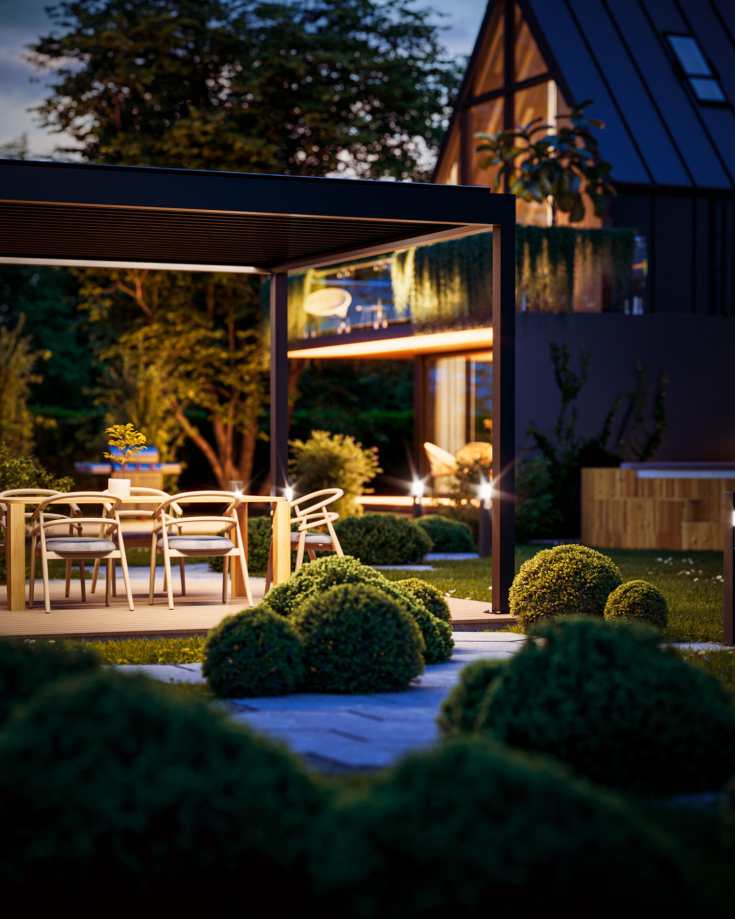 Wizualizacja 3d produktu pergoli ogrodowej w pięknym otoczeniu domu i zielonego terenu