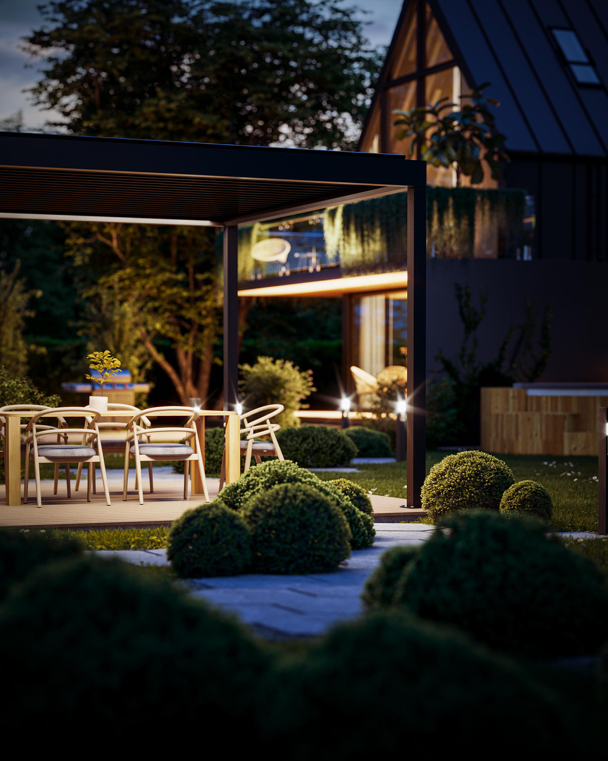 Wizualizacja 3d produktu pergoli ogrodowej w pięknym otoczeniu domu i zielonego terenu