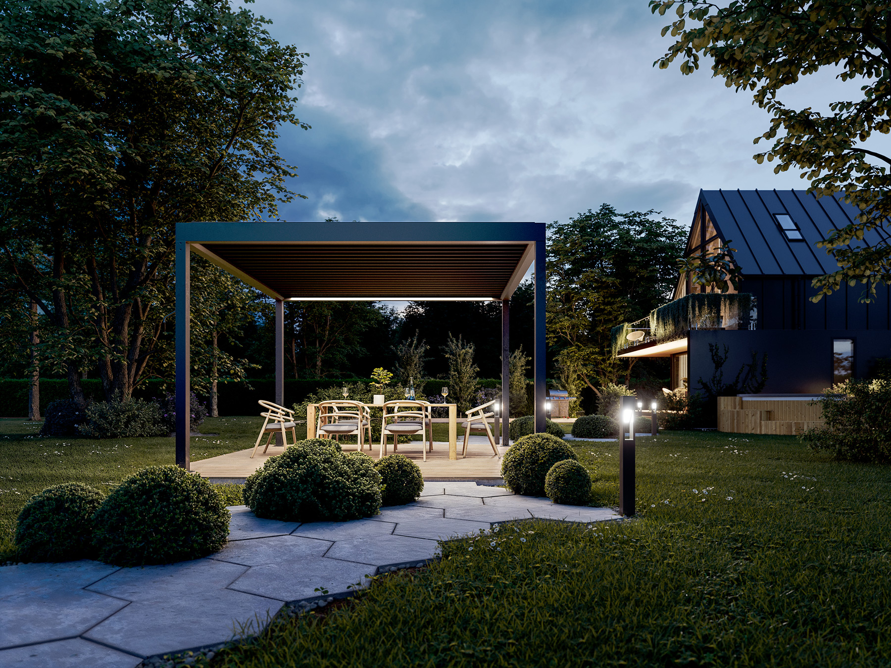 Wizualizacja 3d produktu pergoli ogrodowej w pięknym otoczeniu domu i zielonego terenu