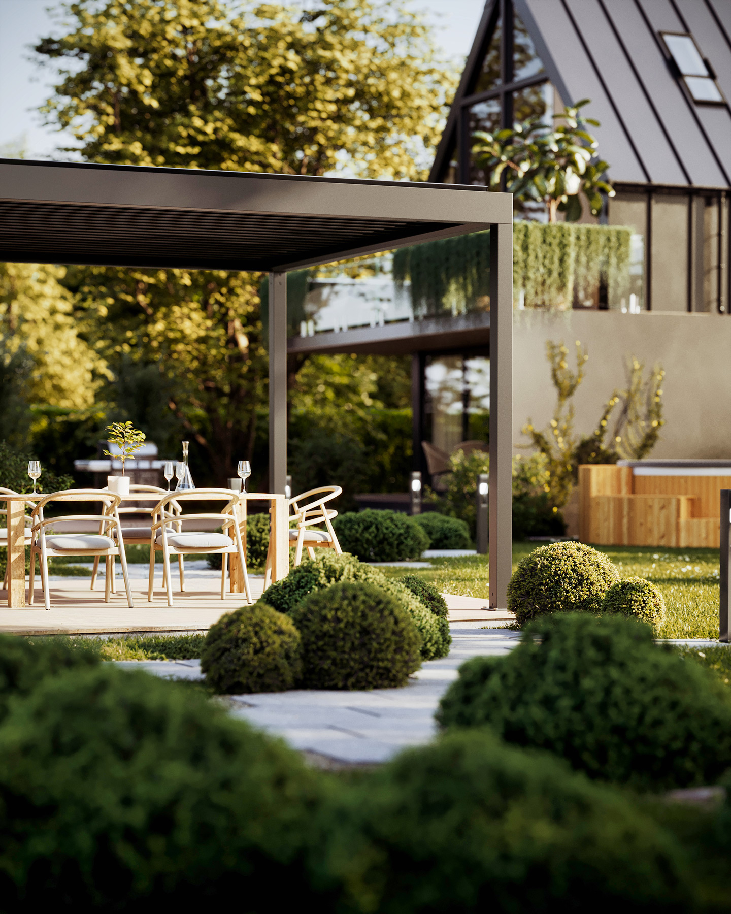 Wizualizacja 3d produktu pergoli ogrodowej w pięknym otoczeniu domu i zielonego terenu