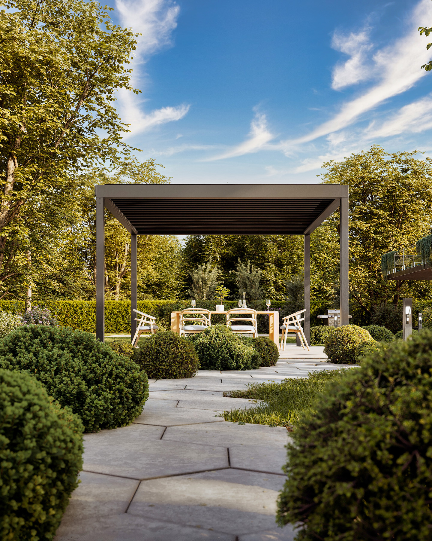 Wizualizacja 3d produktu pergoli ogrodowej w pięknym otoczeniu domu i zielonego terenu