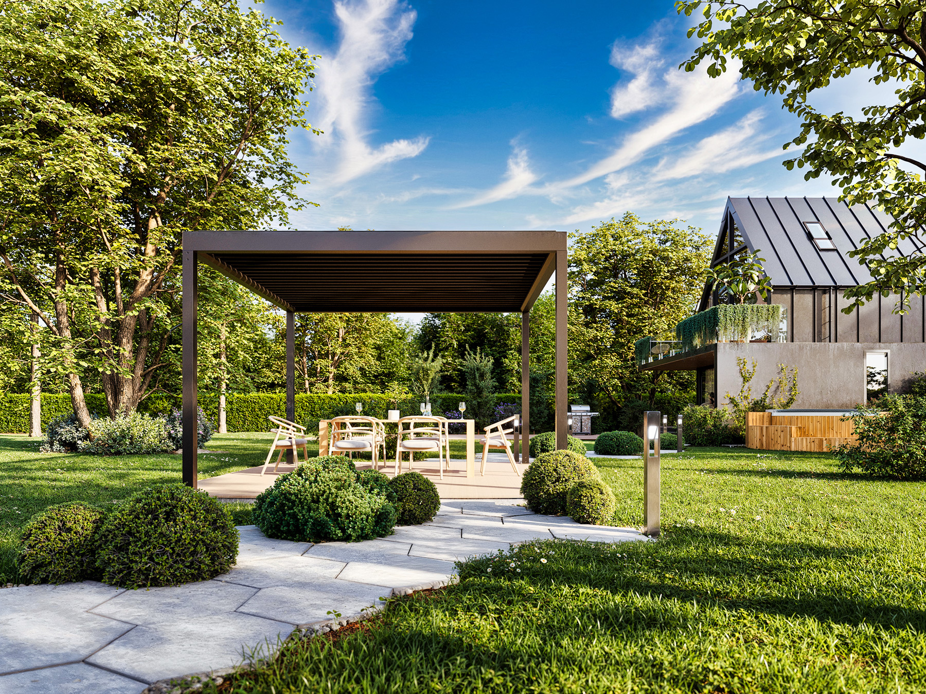 Wizualizacja 3d produktu pergoli ogrodowej w pięknym otoczeniu domu i zielonego terenu